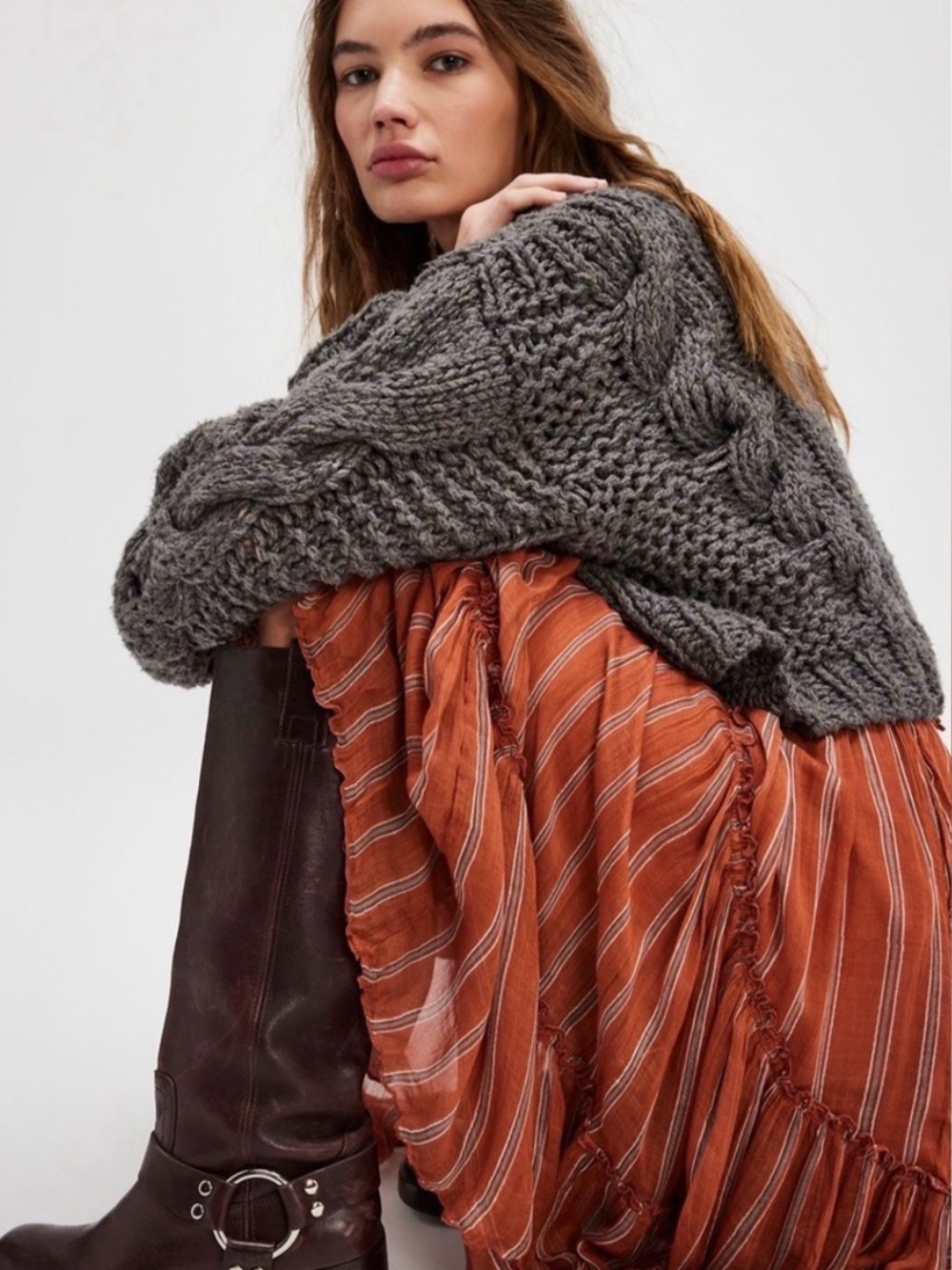 Free People One Ember Striped Midi Flowy Bo-Ho Tiered Rust skirt.